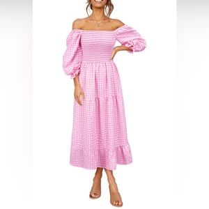 Cottagecore Puff Sleeve Off The Shoulder Casual Plaid Ruffle Midi Long Dress